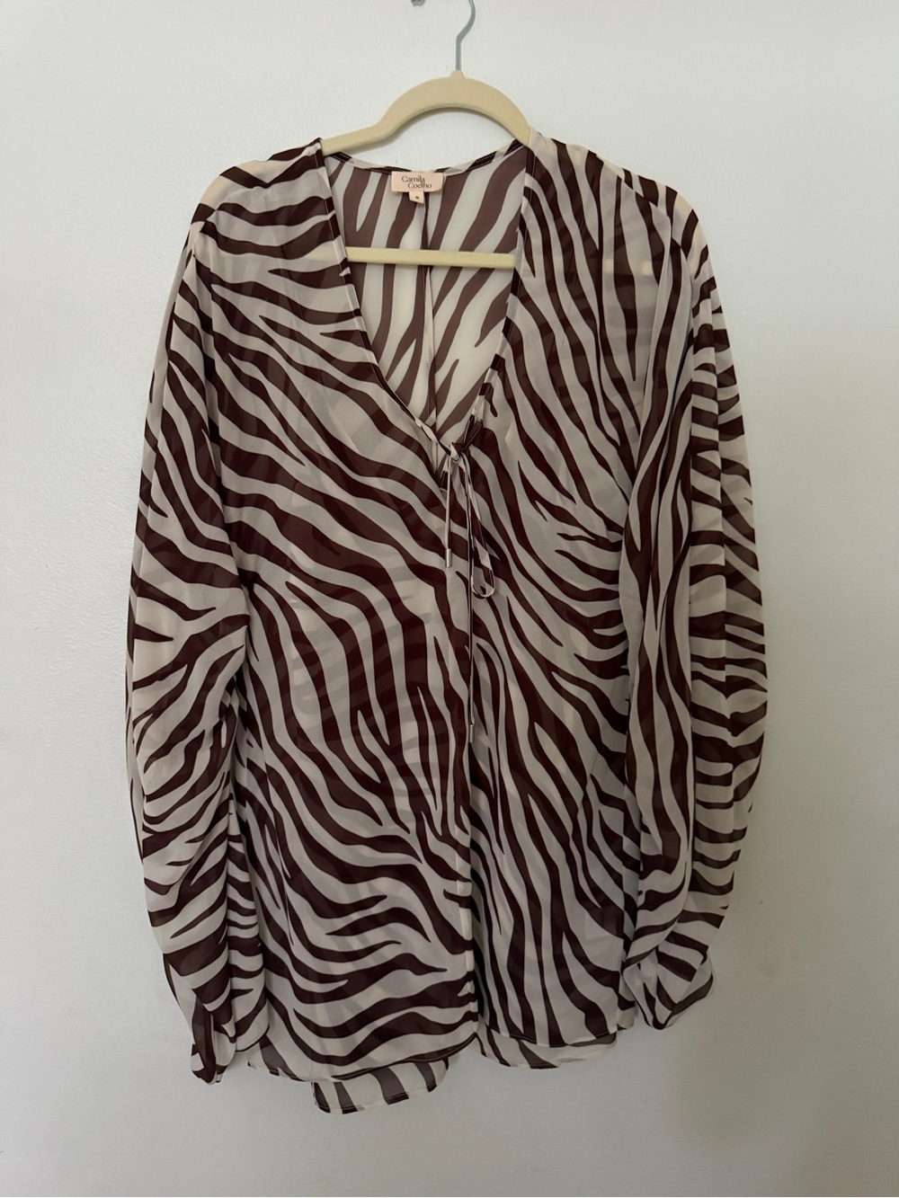 Camila Coelho Brown and Cream Zebra-Print Tie-Neck Blouse